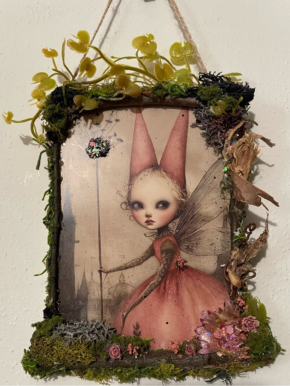 Whimsical Pink Fairy Wall print with handcrafted border castle fairycore